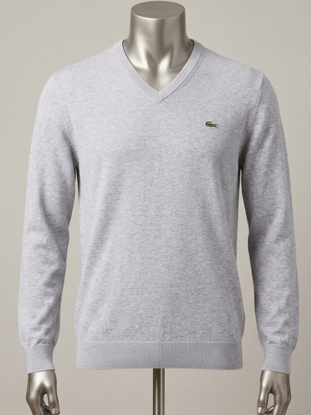 Lacoste Light Gray V-Neck Cotton Sweater with Crocodile Logo